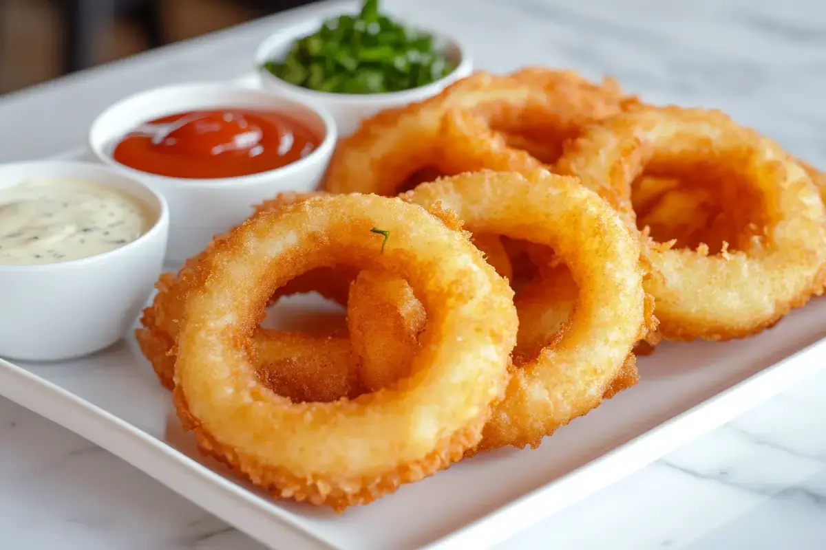 Golden onion rings with dipping sauces on marble plate