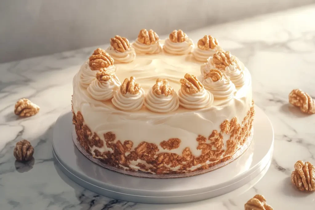 A freshly baked carrot cake with cream cheese frosting and walnut decoration on a marble countertop