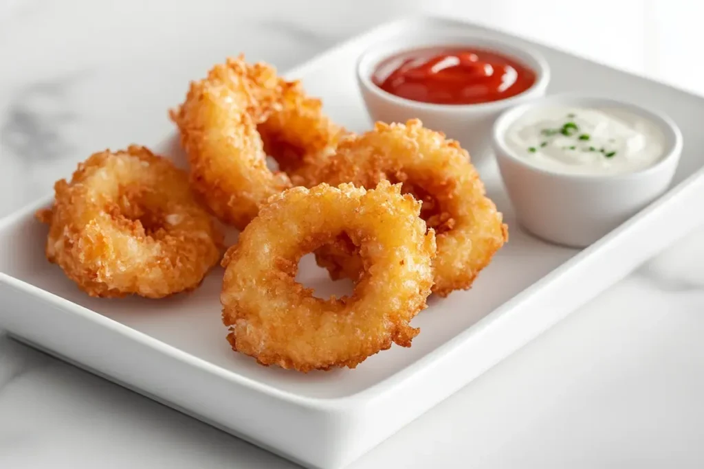 Golden onion rings fresh out of the air fryer with dipping sauces