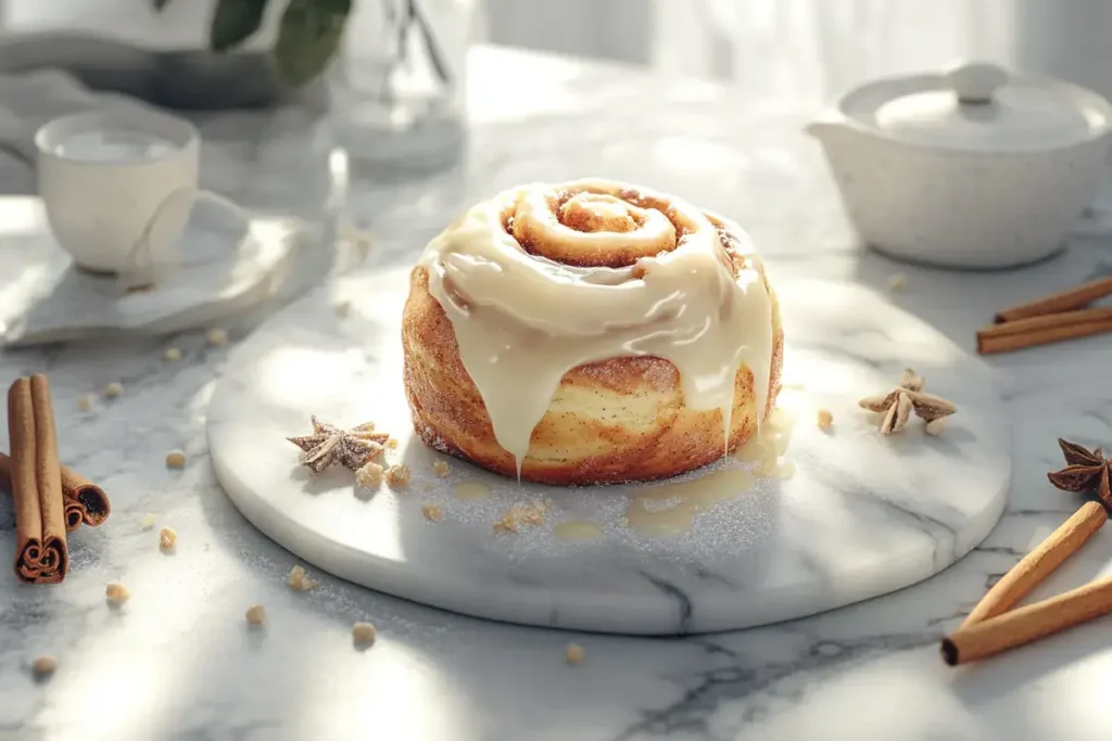 Cinnamon roll topped with vanilla icing on a marble plate