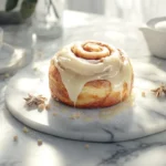 Cinnamon roll topped with vanilla icing on a marble plate