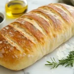 Golden artisan Italian bread loaf on white marble with olive oil and rosemary