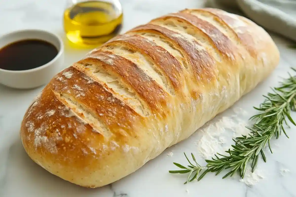 Golden artisan Italian bread loaf on white marble with olive oil and rosemary