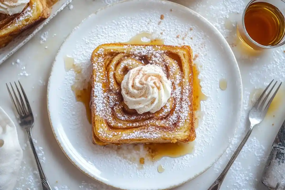 Cinnamon roll French toast with syrup and powdered sugar on a white marble plate