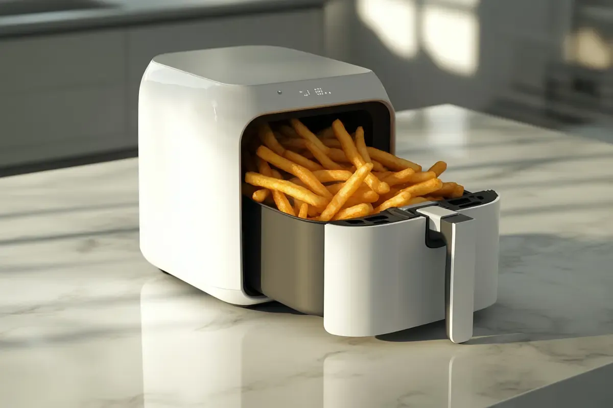 Air fryer with golden French fries on a white marble countertop