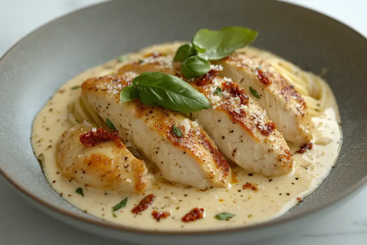 Plate of marry me chicken pasta garnished with Parmesan and basil.