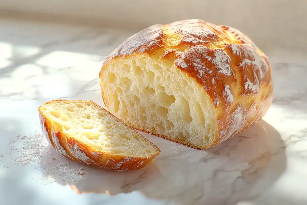 Artisan Italian bread loaf on white marble with golden crust