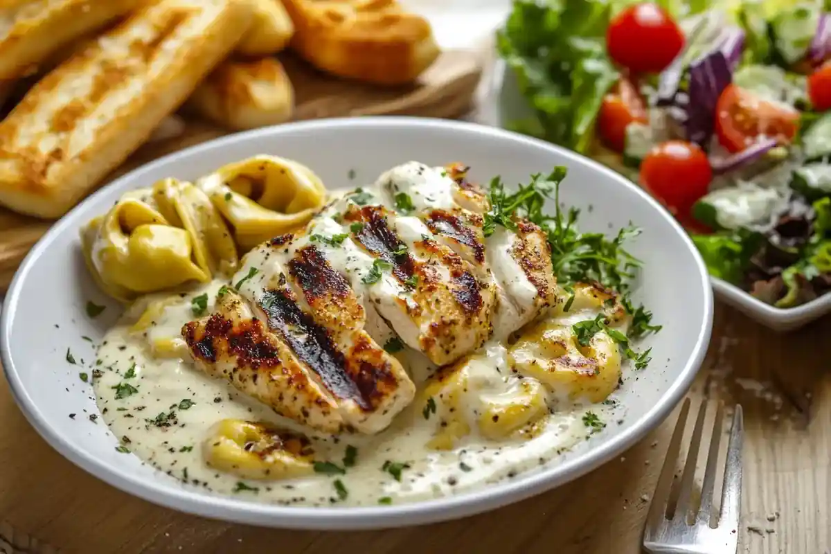 "Chicken tortellini Alfredo garnished with parsley on a white plate."