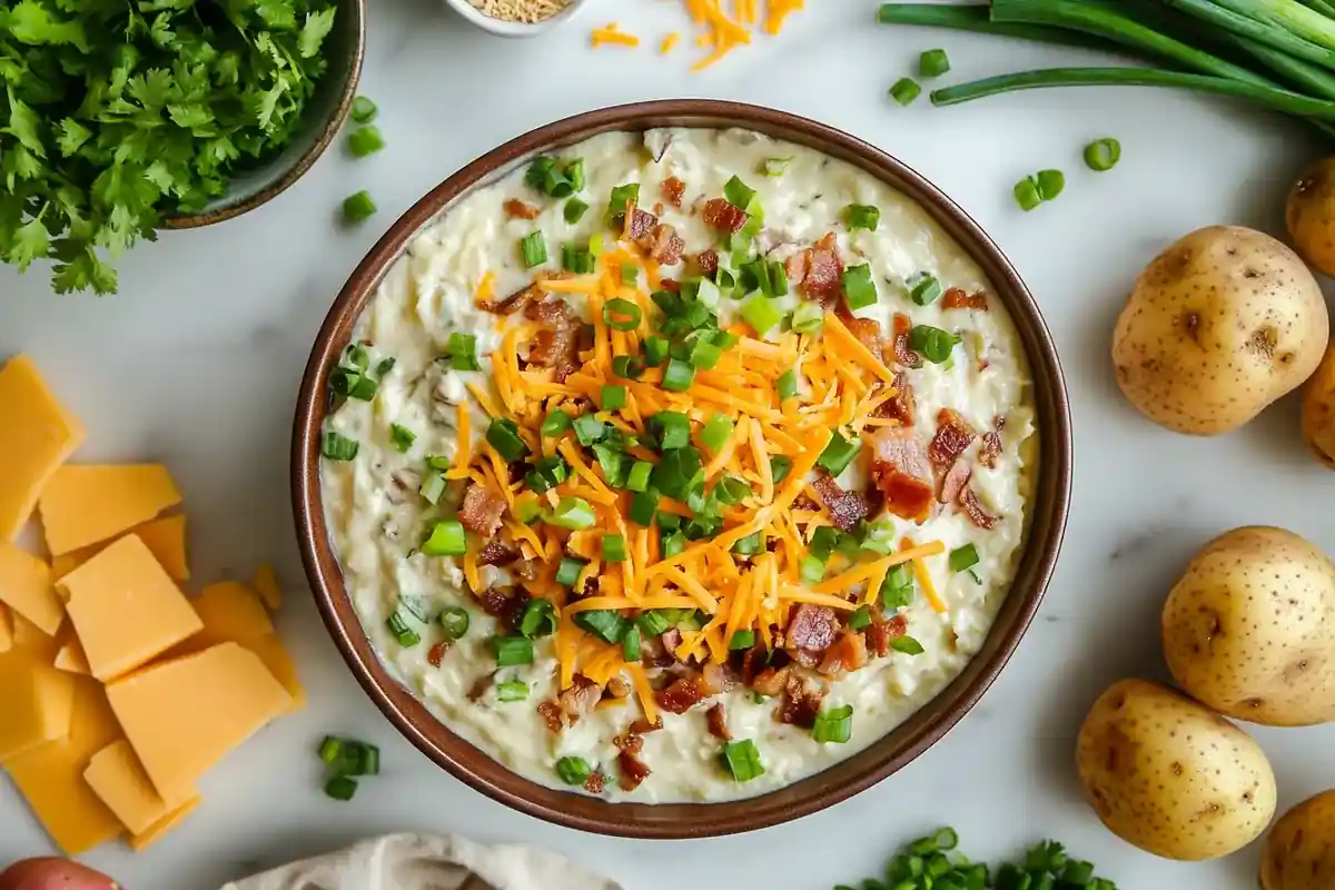 "Loaded potato soup on a white marble countertop with garnishes."