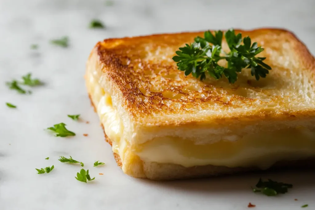 Grilled cheese sandwich on marble countertop with garlic garnish