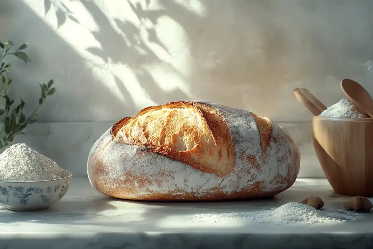 "Crusty artisan bread loaf on a marble countertop with ingredients."