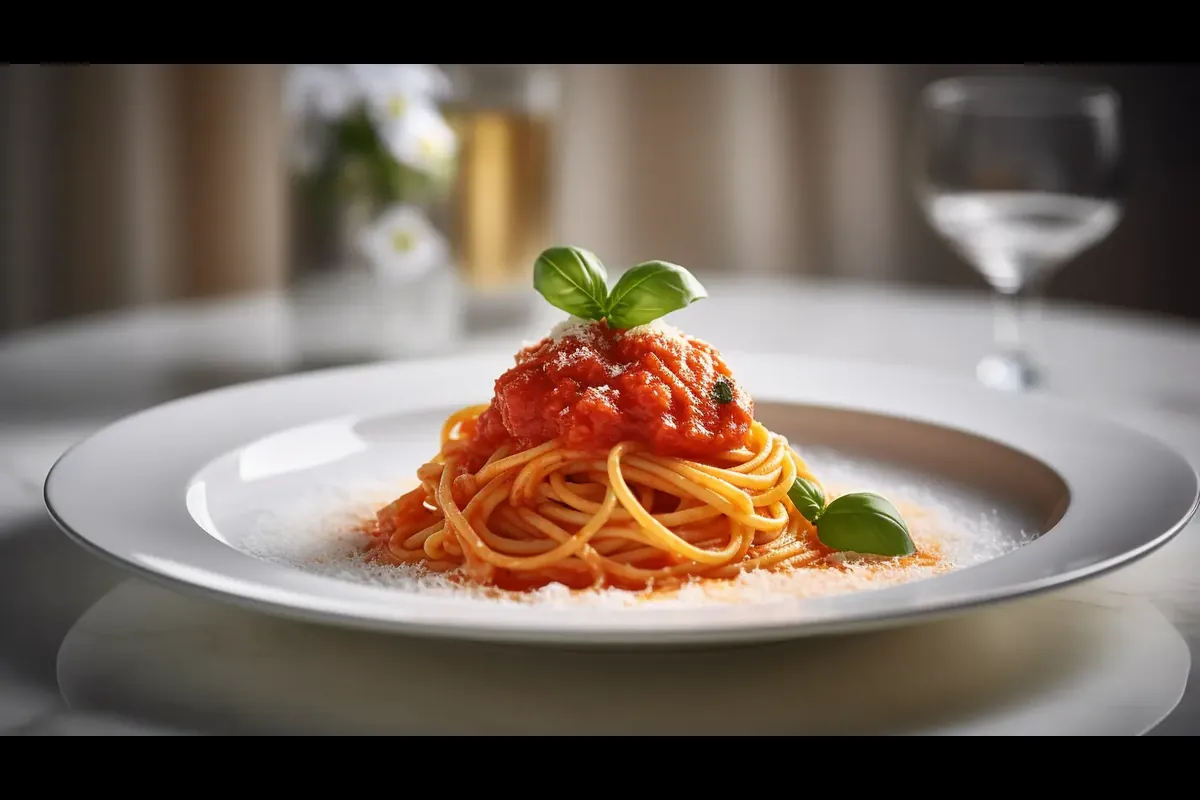 A plate of spaghetti with tomato sauce on a white marble surface.