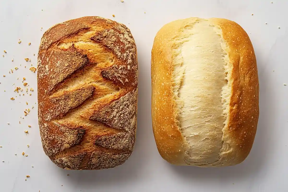 A fresh artisan Italian bread loaf next to a store-bought white bread loaf