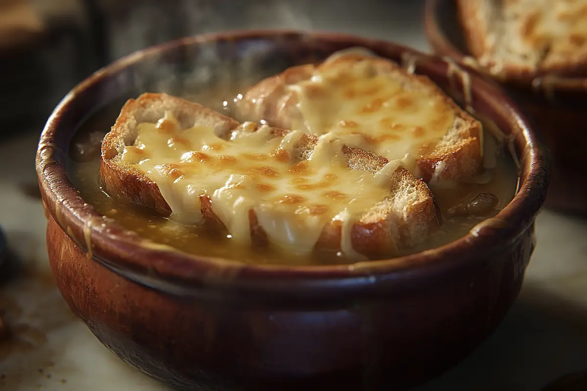 A bowl of traditional French onion soup with melted cheese and toasted bread.