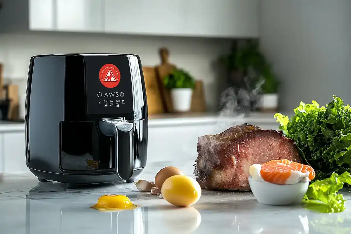 An air fryer with unsafe foods like raw eggs, wet-battered fish, and large roasts