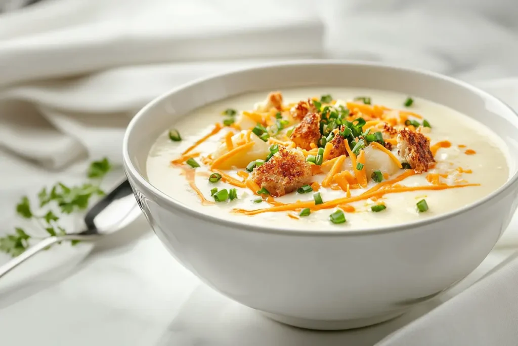 Bowl of creamy potato soup garnished with chives and croutons.