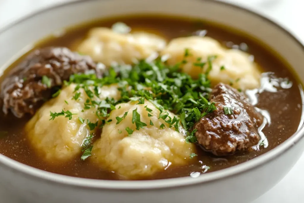 Freshly cooked Bisquick dumplings in chicken broth