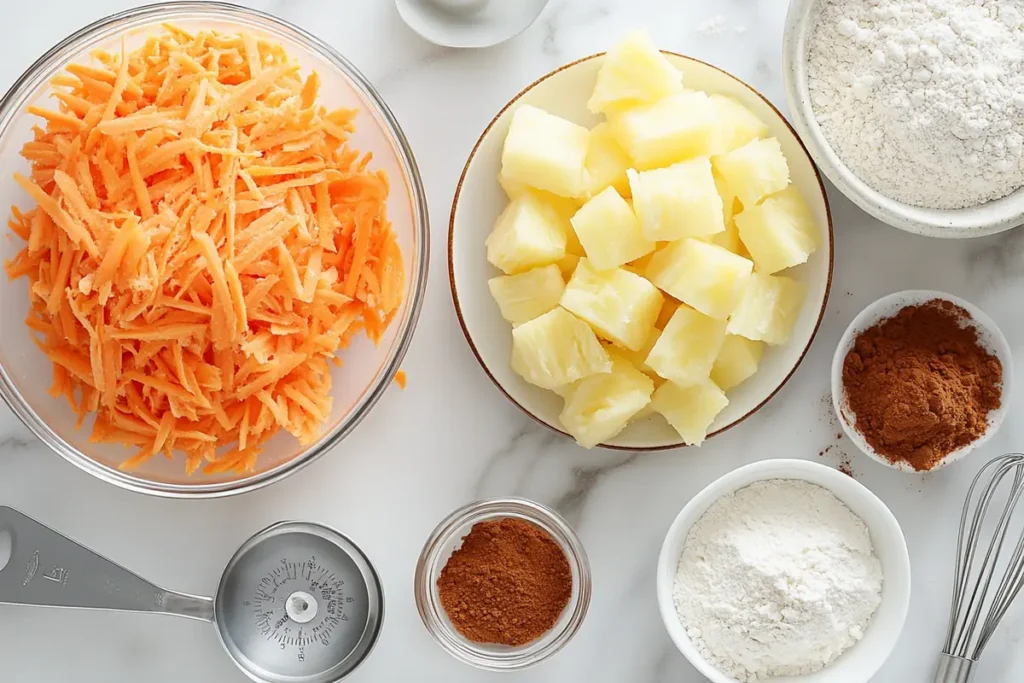 Ingredients for homemade carrot cake on a marble surface.