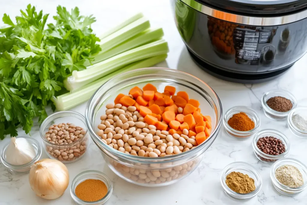 Ingredients for bean soup, including a variety of beans and fresh vegetables, on a white marble countertop