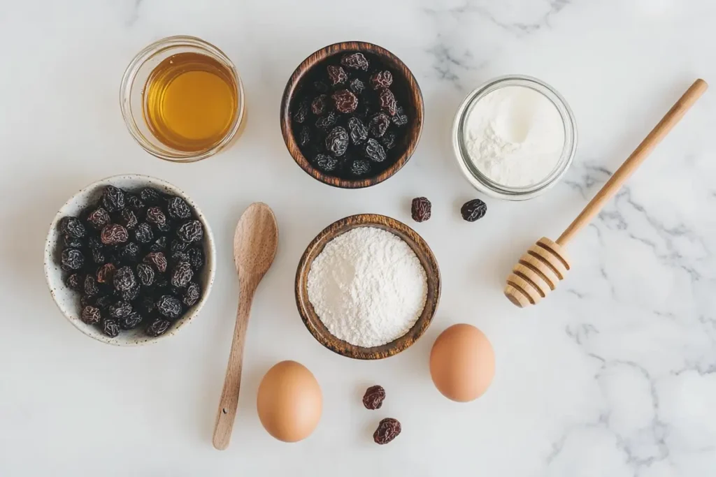 Ingredients for baking muffins, including almond flour, eggs, and raisins, on a marble countertop