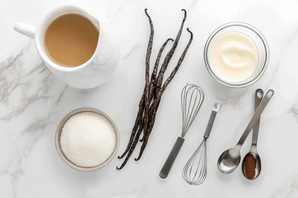 Milk, cream, sugar, and vanilla pods arranged on a white marble countertop