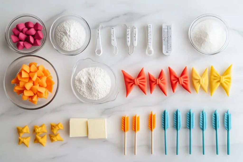 Ingredients for making themed cupcakes on a marble countertop