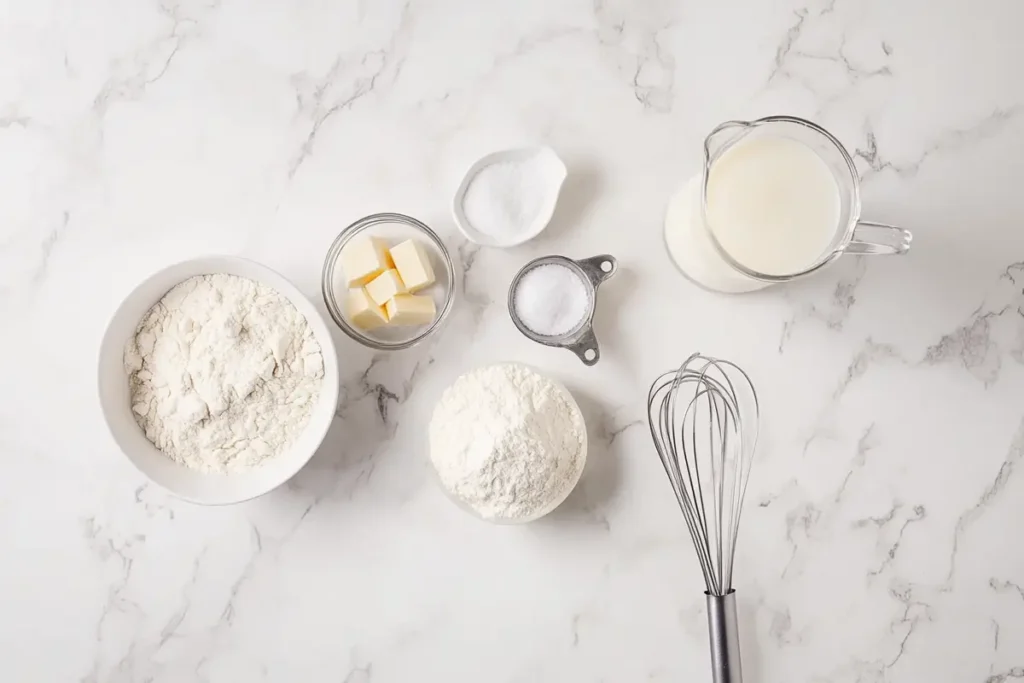 Baking ingredients arranged on a marble countertop