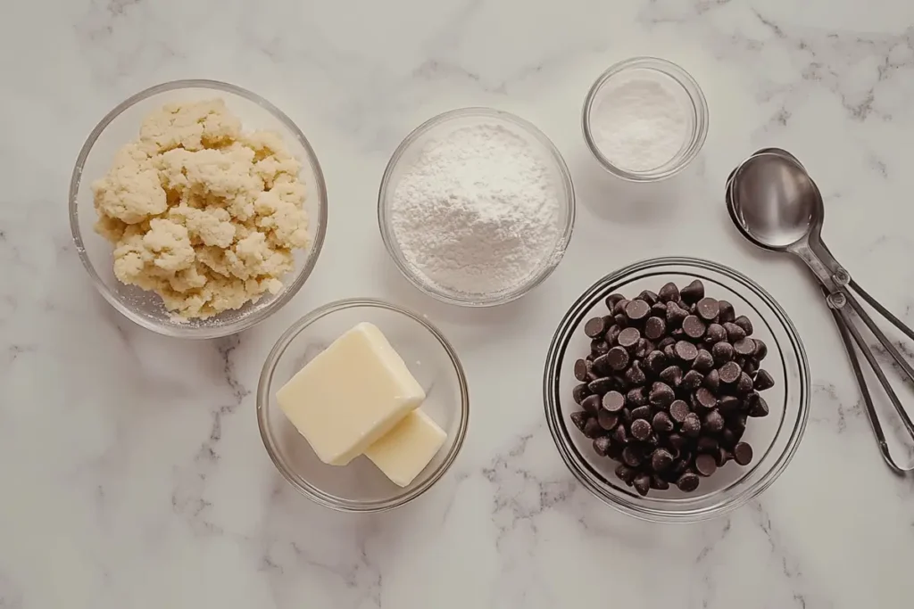 Baking ingredients on a marble countertop, including butter and sugar