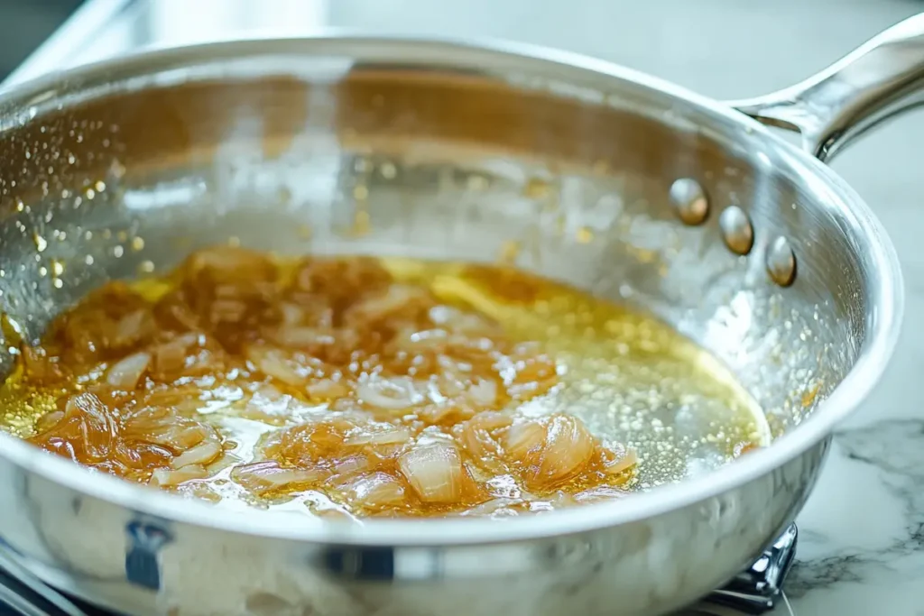 Golden caramelized onions cooking in a pan with melted butter