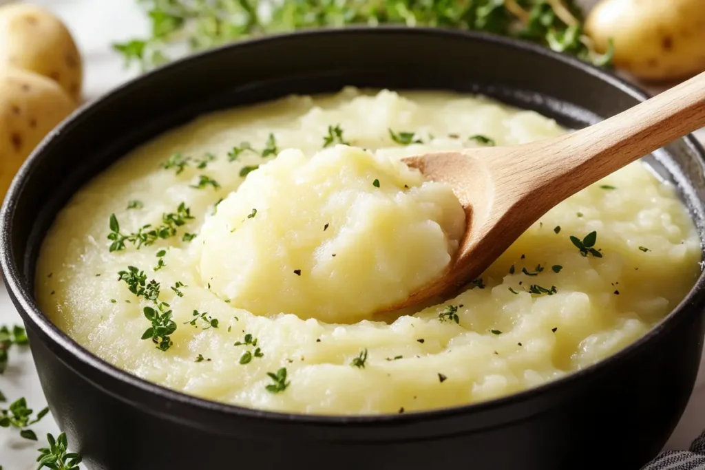 Blended potatoes stirred into a pot of soup on a marble countertop