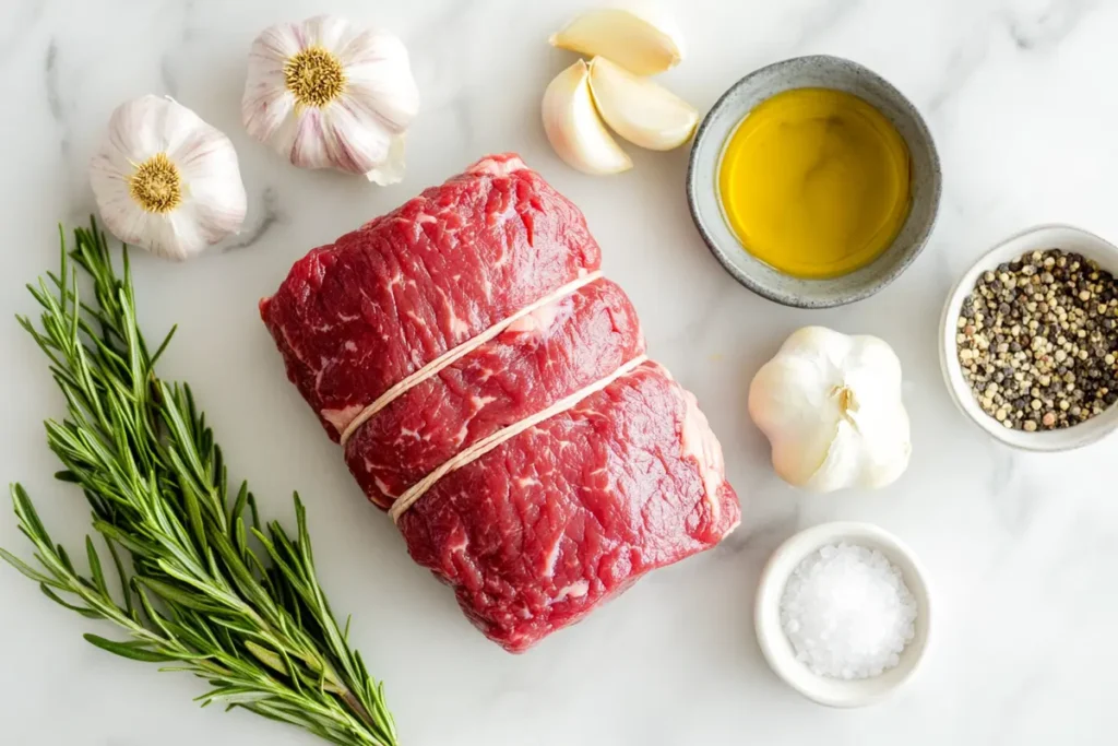 Fresh ingredients for a beef roast on marble countertop