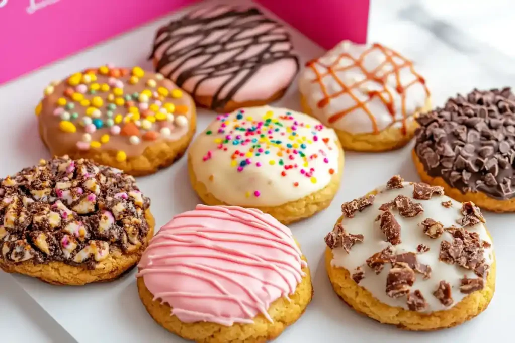 Six Crumbl Cookies in assorted flavors with a pink box on a marble surface