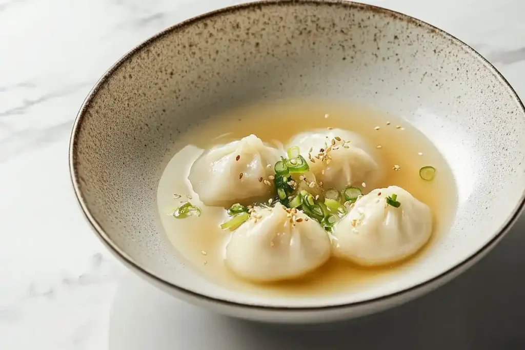 A bowl of boiled dumplings in broth with scallions on marble