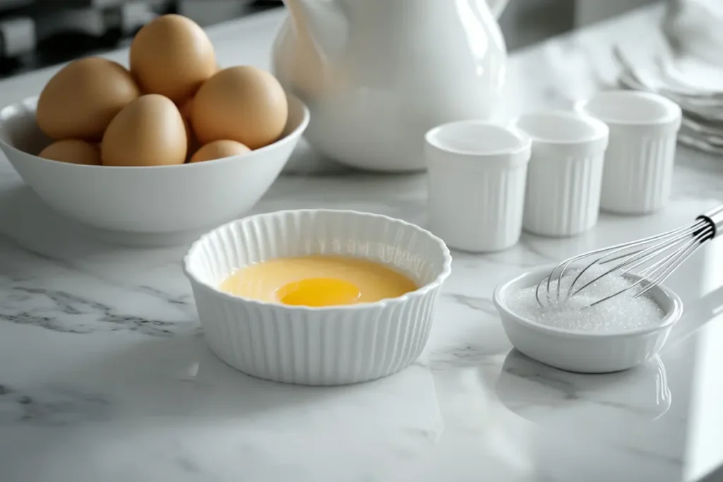 Ingredients for crème brûlée preparation on a white marble countertop