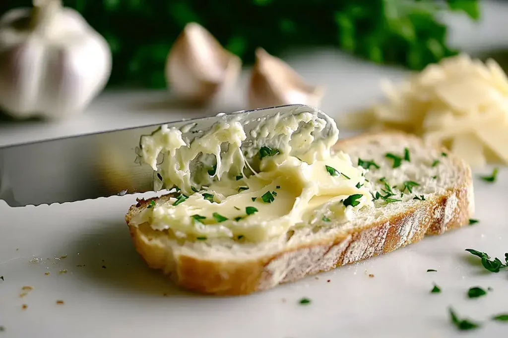 Spreading garlic butter on bread before baking