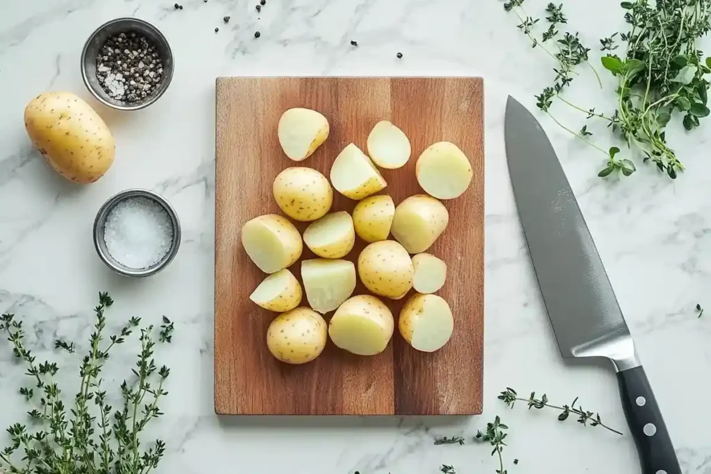 Chopped potatoes on a cutting board ready for soup preparation