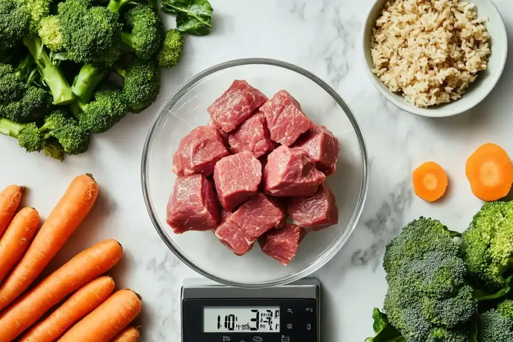 Weighing 100g of corned beef with fresh vegetables