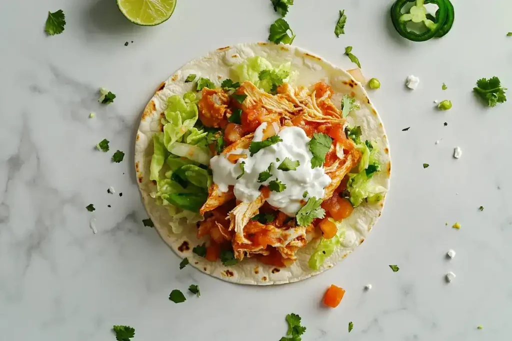 Chicken taco with shredded rotisserie chicken and garnishes