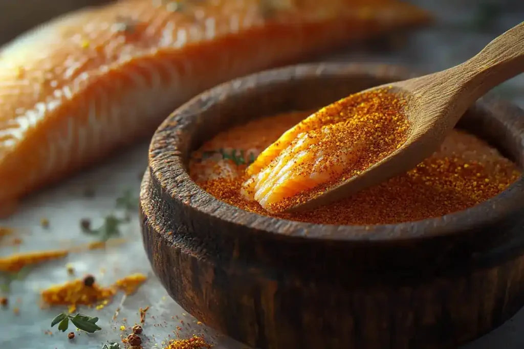 A wooden spoon with fish fry seasoning mix on white marble