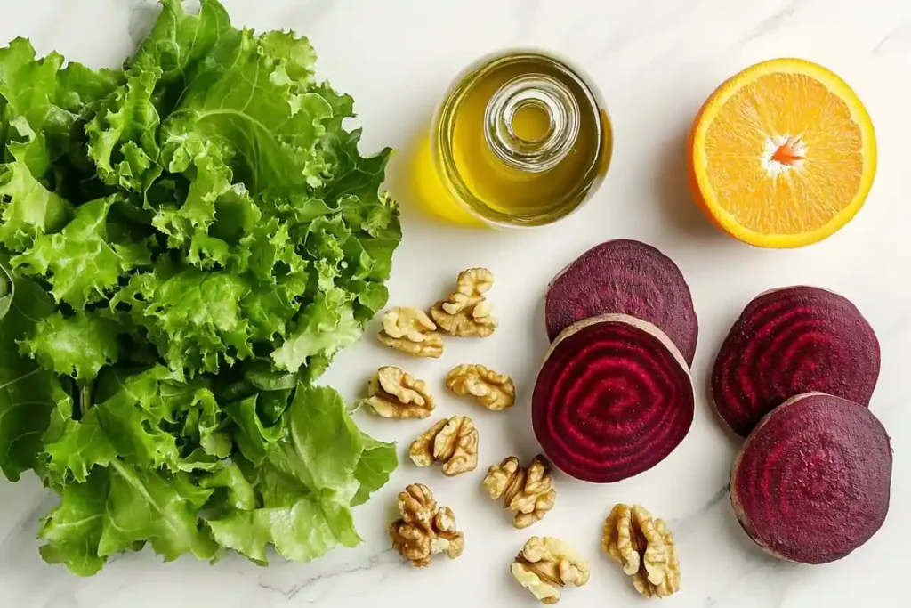 Ingredients for beetroot salad arranged on white marble