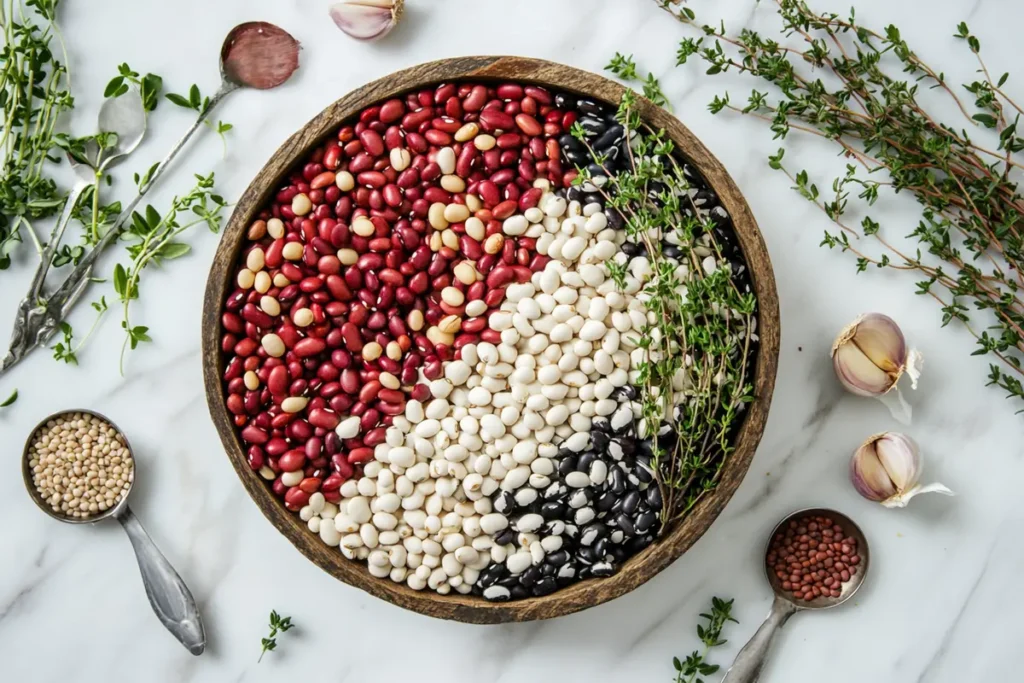 Colorful dry beans in a wooden bowl with garlic and thyme