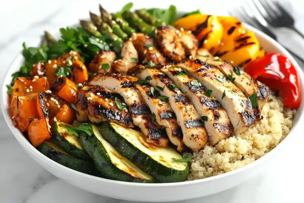 Buddha bowl with grilled vegetables, quinoa, and chicken