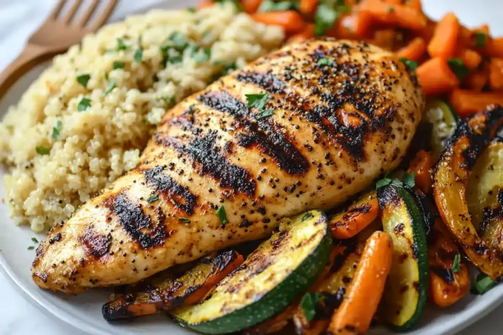 Grilled chicken with quinoa and roasted vegetables on white marble.