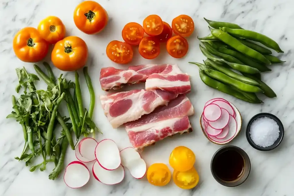 Ingredients for Sinigang neatly arranged on a white marble table