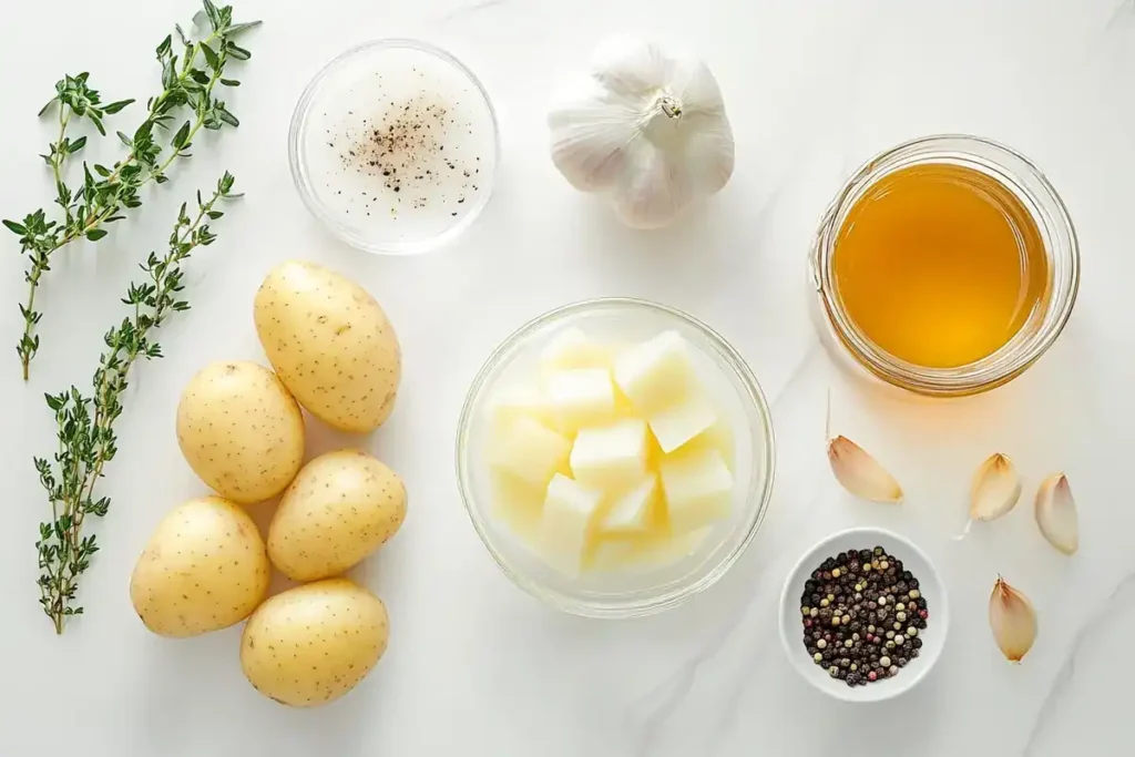 Fresh ingredients for potato soup arranged on a white marble countertop.
