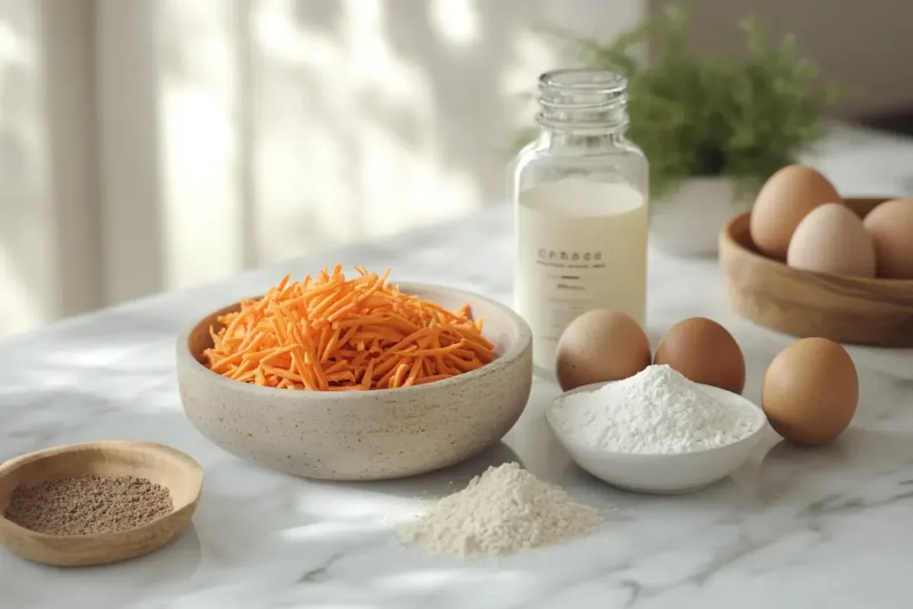 Ingredients for carrot cake on a white marble counter.