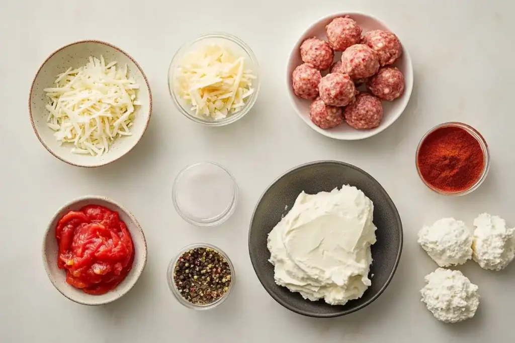 Ingredients for Rotel cream cheese sausage balls on white marble.