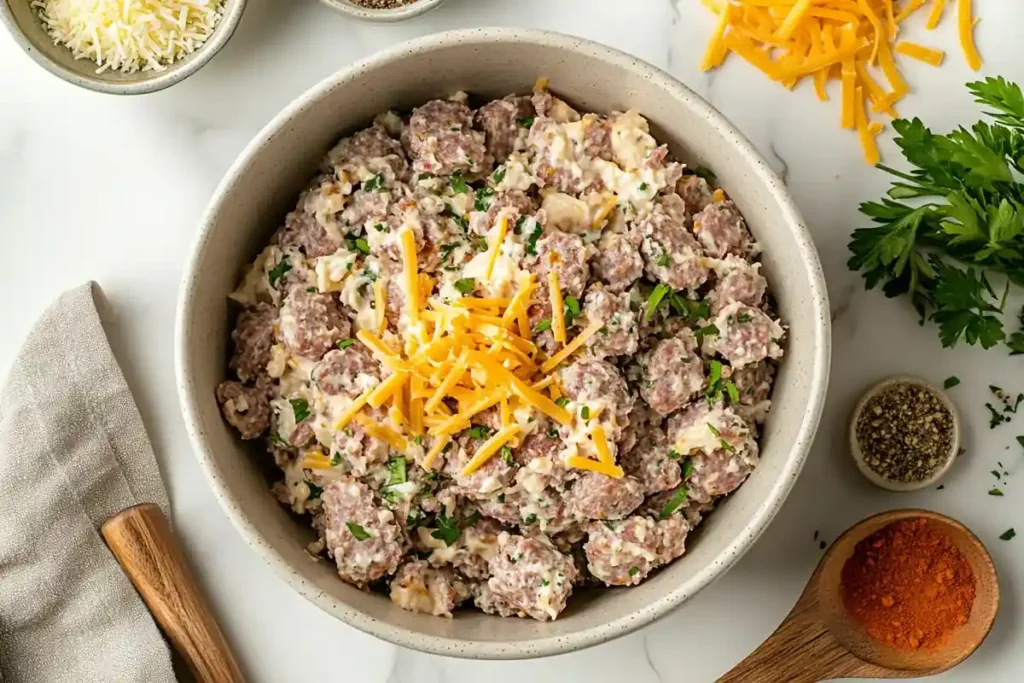 Raw sausage ball mixture on marble with ingredients displayed.