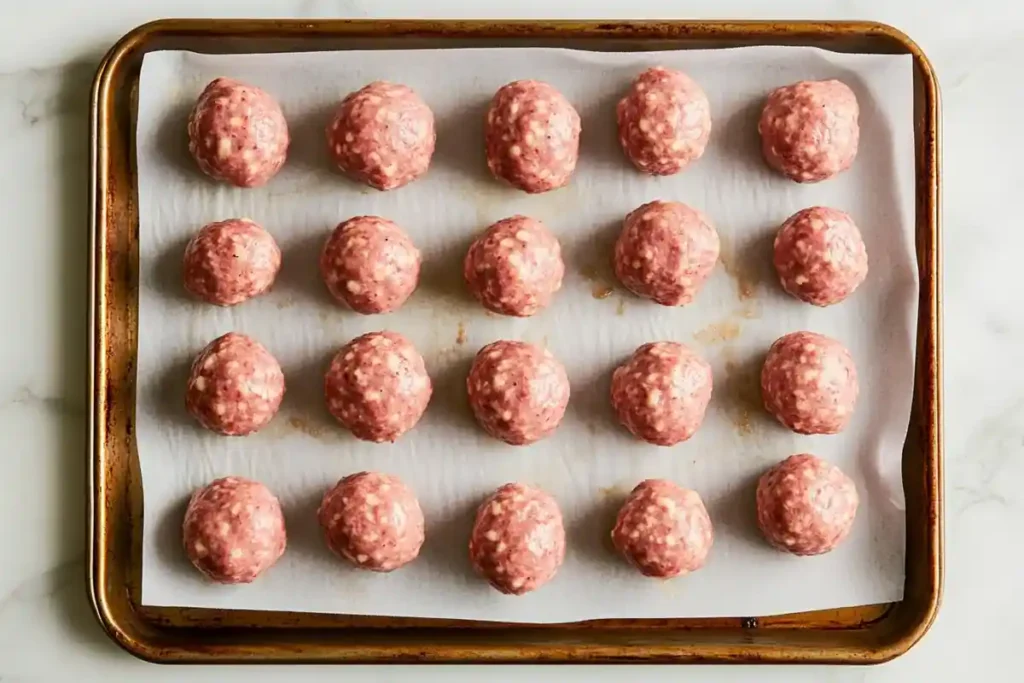 Raw sausage balls on parchment-lined baking sheet.