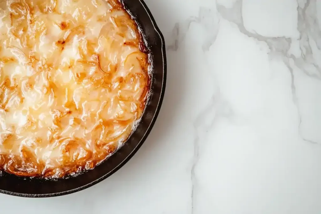 Caramelized onions in a cast iron skillet on marble